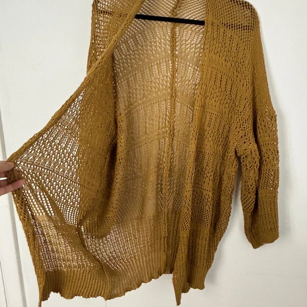 Mustard Yellow Open Knit Netted Crochet Cardigan Boho Coastal Kimono Cottage OS